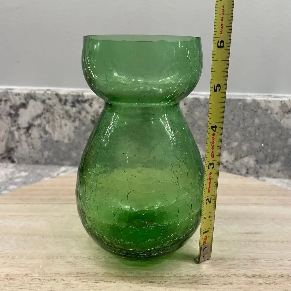 Vintage MCM Green Crackle Glass Hourglass Vase Hand Blown Art Glass 6 inch